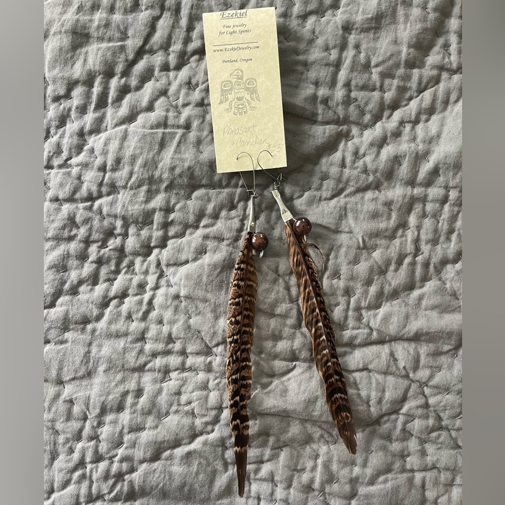 NWT Pheasant feather & Carnelian long 9.5in dangling earrings